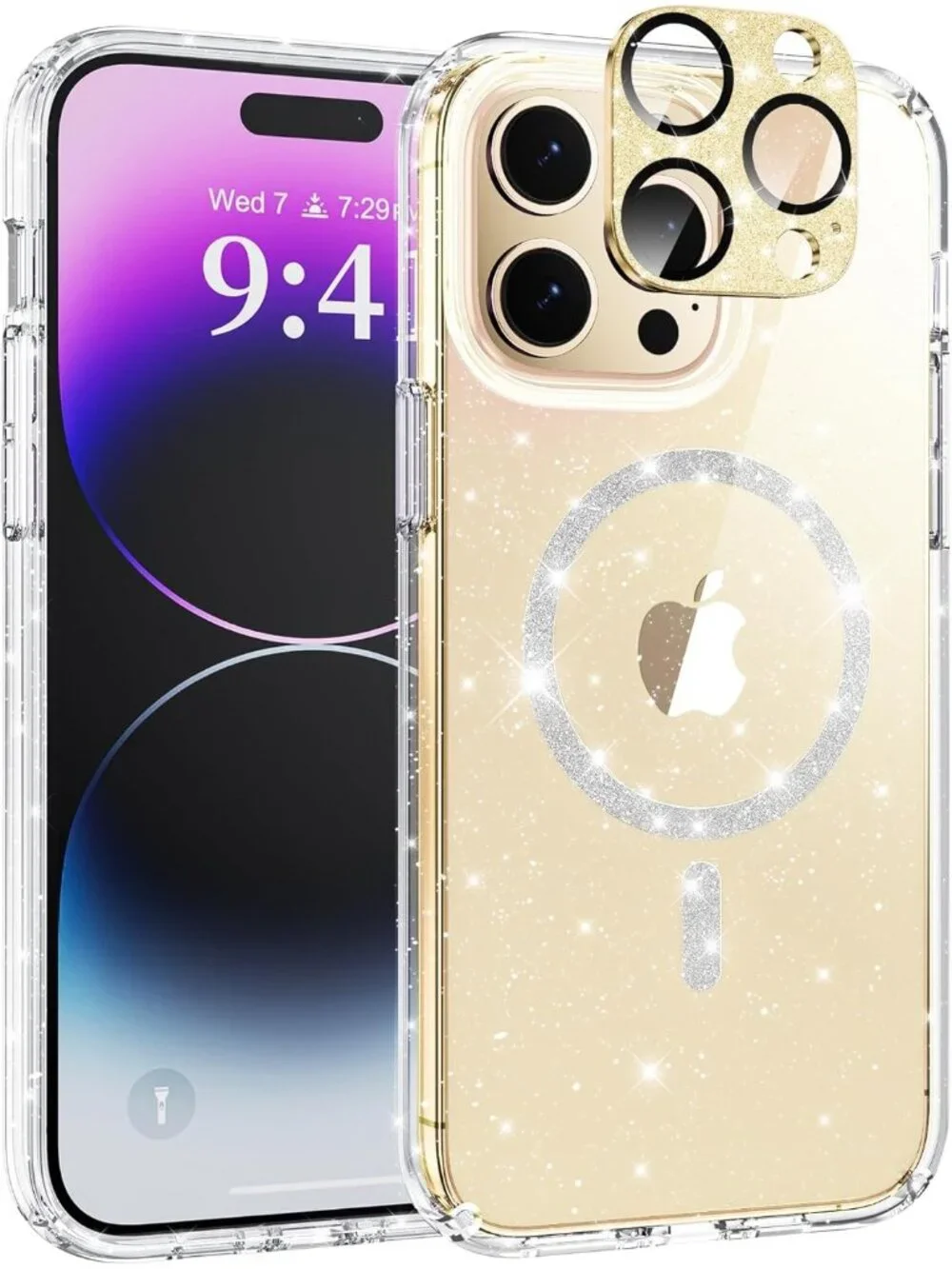 Glitter Clear Case for iPhone 14 Pro Max w/ Bling Camera Lens Protector, Non‑Yel
